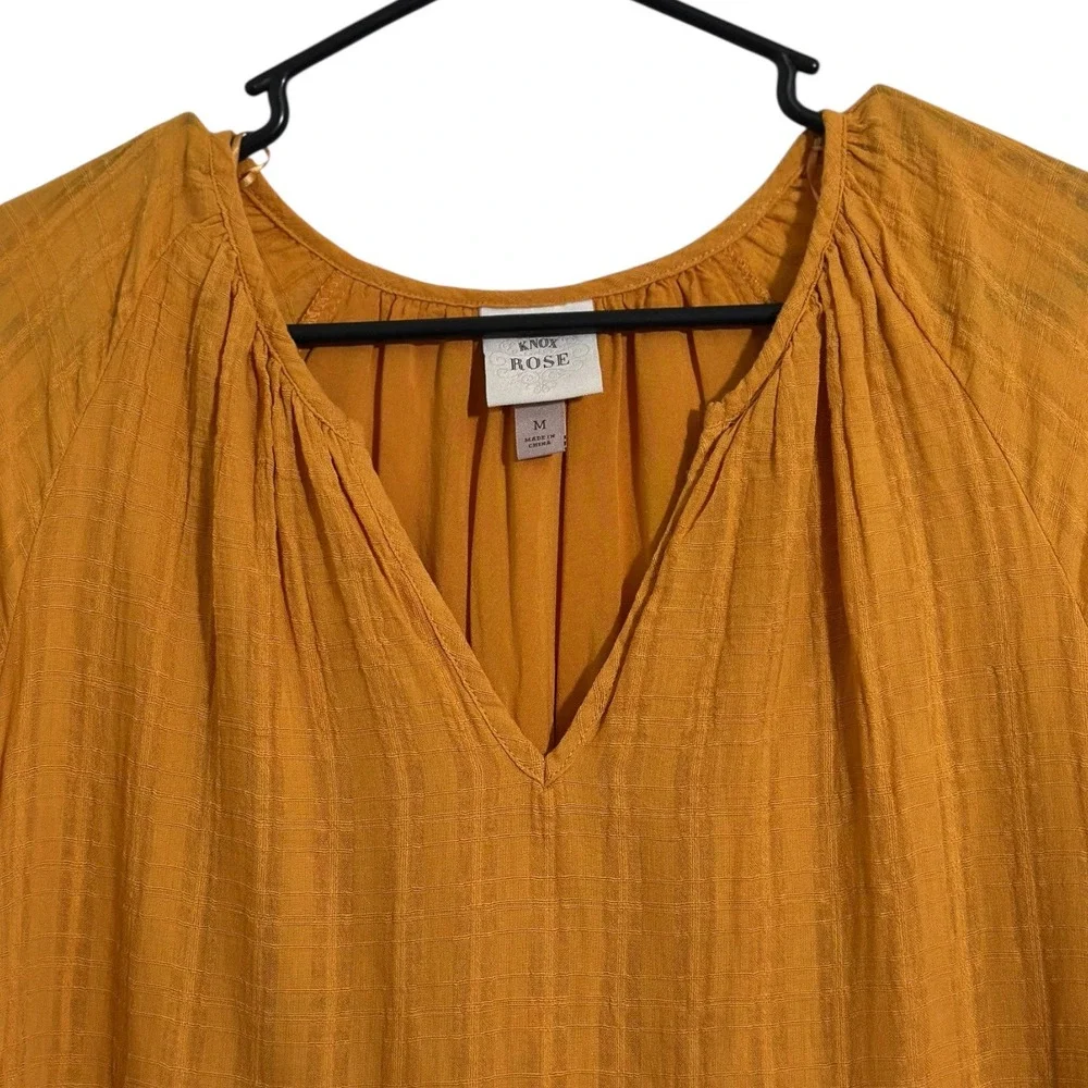 Knox Rose Mustard Yellow Tiered Babydoll Dress Cotton Gauze V-Neck Women's M - Picture 3 of 7